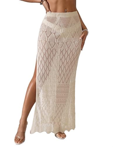 BreathSunny Womens Crochet Open Knit Elastic Waist Swimsuit Coverup Dress Summer 2026 Trendy Outfits Side Slit Mesh Swimwear Coverups Beach Swim Bathing Suit Cover Up Maxi Skirt Cream White S