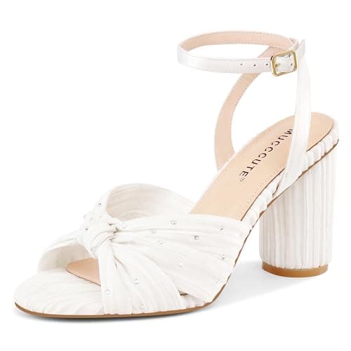 MUCCCUTE White Heels with Bow Heeled Sandals Chunky Heels for Women Open Toe Ankle Strap Rhinestone Wedding Bridal Dressy Sandal Size 10
