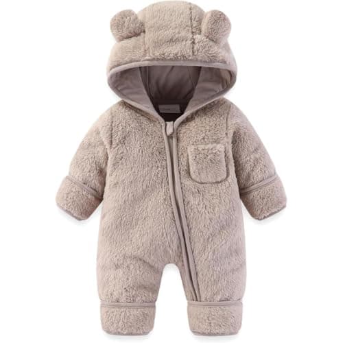 WAJMUYUCH Newborn Baby Bear Outfit Girls Boys Winter Fleece Clothes Hooded Romper Snowsuit Long Sleeve Onesie Outwear Light Gray