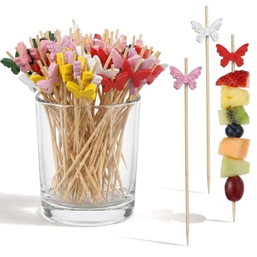 GEEHUA 100PCS Butterfly Toothpicks for Appetizers, Bamboo Cocktail Picks 4.7 Inch Colorful Butterfly Appetizers Decoration Fancy Toothpicks Decorative Sticks for Cake Dessert Food