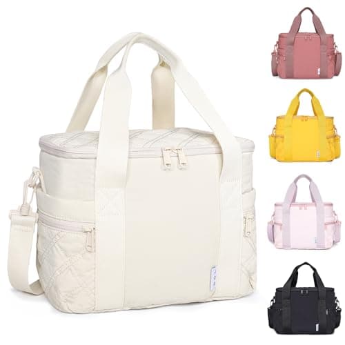 NOL Women's Nylon Lunch Cooler Cute Quilted Lunch Bag Large Leakproof Insulated Lunch Tote Bag for Work Picnic Travel,Cream