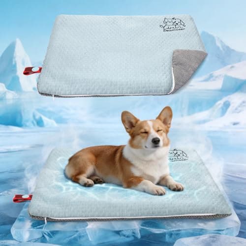 Deamoser Dual-Sided Cooling Mat for Dogs & Cats – Ice Silk & Corn Fleece, Washable Pet Cooling Pad for Summer Heat Relief, Portable for Crates, Car,Strollers & All Seasons