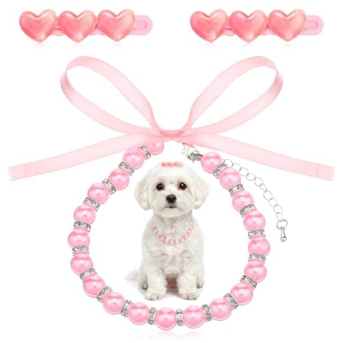 Dog Pearls Necklace Collar with Bling Accessories and Ribbon Bow with 2pcs Pink Small Heart Shape Clips Cute Girl Cat Collars Pet Puppy Jewelry for Female Kittens Small Outfits Wedding Party
