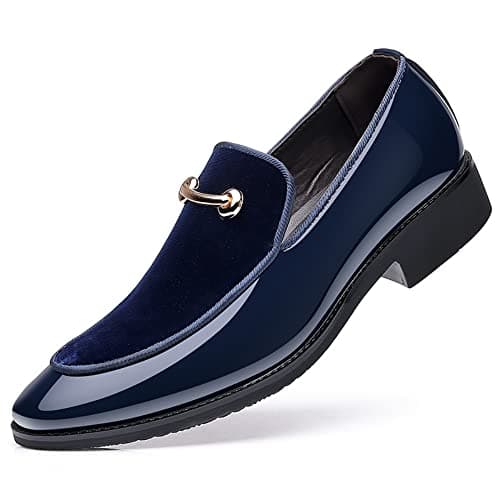 Fenlogft Men's Velvet Patent Leather Slip-on Dress Shoes Business and Parties Formal Events Smoking Slippers Loafers (Velvet Blue,8)