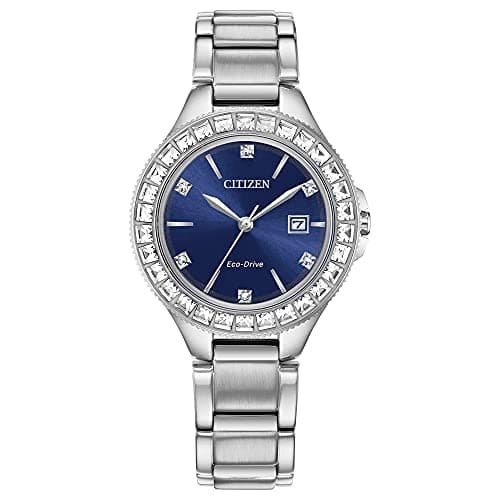Citizen Women's Eco-Drive Dress Classic Crystal Watch in Stainless Steel, Blue Dial (Model: FE1190-53L)