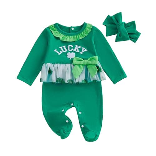 Twopumpkin My First St Patricks Day Baby Girl Outfit Newborn St Pattys Day Onesie Ruffle Tulle Tutu Dress Romper And Headband (Lucky Clover Vintage Green, Newborn)