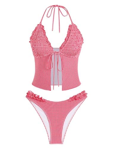 ZAFUL Tankini Swimsuits for Women Smocked Ruffles Tie Front Tummy Control
