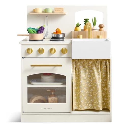 Tiny Land Toddler Kitchen Playset, Wooden Play Kitchen Set Toy with Cutting Food & Cookware, Oven, Clicking Knobs, Stove and Sink, Small Toy Kitchen Gift for 1-3 Year Old Kids, Girls & Boys - Cream