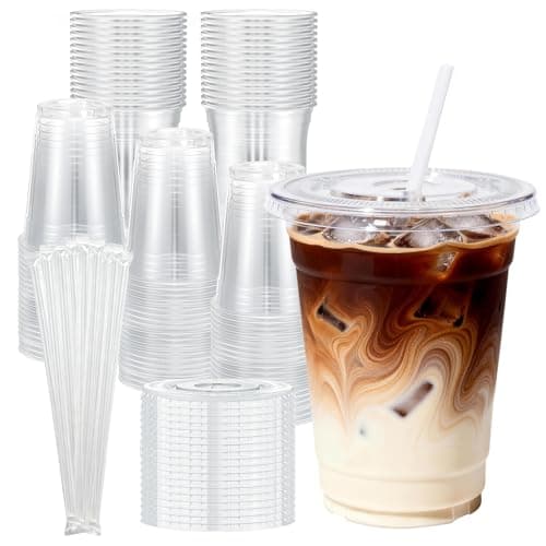 SHUASHUAM Plastic Cups with Lids and Straws：𝟏𝟎𝟎 𝐏𝐚𝐜𝐤 𝟏𝟔 𝐨𝐳 Clear Disposable iced coffee cups with lids,BPA-Free Break Resistant & Heavy Duty for Smoothies, Juice, Soda & Party To Go