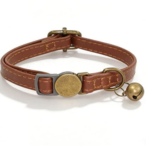 Nextpal Leather Cat Collar with Breakaway Bell, Adjustable Pet Collar for Small Kittens and Adult Felines, Brown Retro Design with Metal Buckle for Indoor Outdoor House Cats and Senior Pets