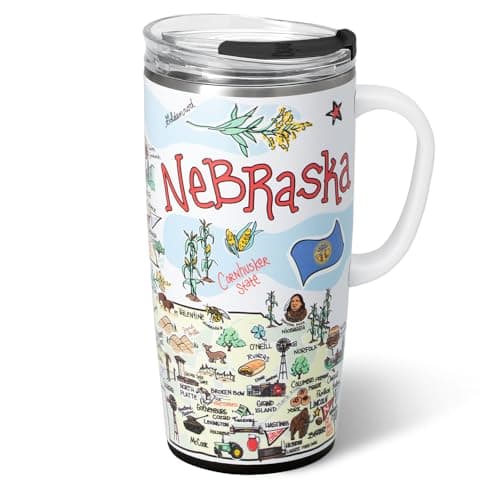 Swig Life 22oz Travel Mug, Insulated Tumbler with Handle and Lid, Travel Coffee Mug, Cup Holder Friendly, Stainless Steel 22 oz Tumbler, Reusable Insulated with Lid (Nebraska)