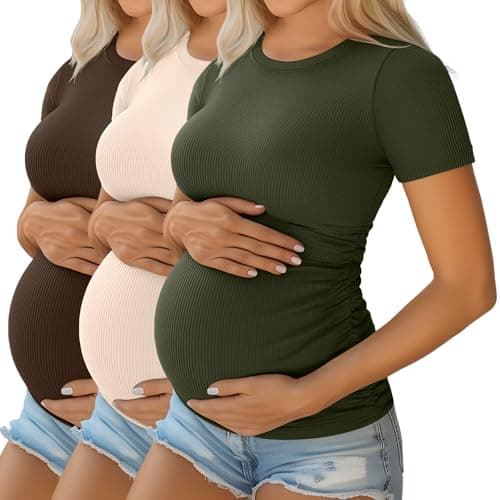 Ficerd 3 Pack Women's Short Sleeve Maternity Shirts, X-Large, 3-Color