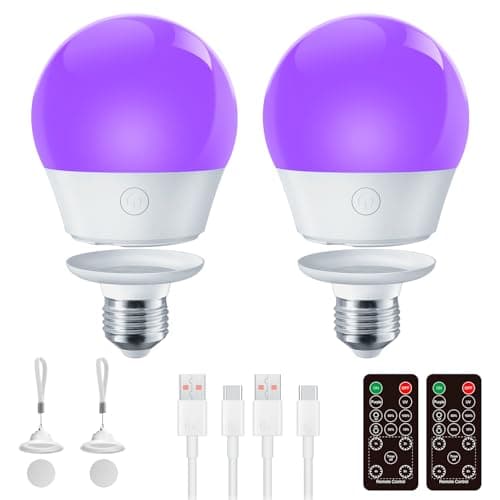 Brightown E26 Rechargeable UV Light Bulbs with Remote and Timer, 120V E26 Base UVA Level 385-400nm, Glow in The Dark for Blacklight Party, Body Pain, Halloween, Purple + UV Purple Mode, 2 Pack