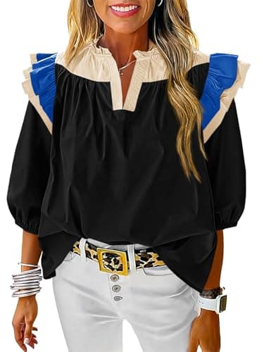 Tankaneo Womens Color Block Ruffle Tops Dressy Casual Puff Half Sleeve V Neck Cotton Blouses Pleated Loose Fit Shirts Z-Black