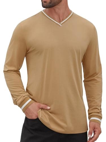 Hardaddy Mens Long Sleeve Tee Shirts Ribbed V Neck T Shirts Men Tshirt Color Block Pullover Tops Khaki XL