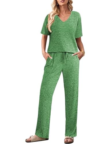 Ekouaer Women's 2 Piece Lounge Set Casual Summer Outfits Ribbed Short Sleeve & Wide Leg Pants Matching Set for Travel Home