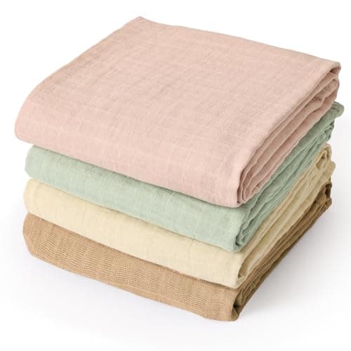 david's kids 4 Pack Baby Muslin Swaddle Blankets 47" x 47", 100% Cotton Swaddle Wrap for Boys Girls, Ultra Soft Breathable Receiving Blanket for Newborns, Rose Smoke & Sage Green & White Cap & Sepia