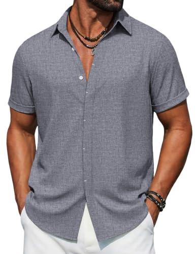 COOFANDY Linen Texture Shirts for Men Button Up Short Sleeve Shirts Casual Beach Shirt Blue Violet