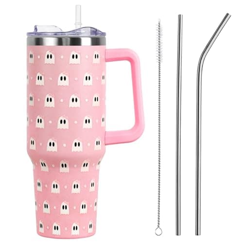 Halloween Tumbler with Lid and Straw 40oz,Gothic Pink Pumpkin Ghost Mushroom Vacuum Insulated Leak Proof Tumbler,Goth Spooky Gift Women Girls,Fall Thanksgiving Accessories Stainless Steel Coffee Cup