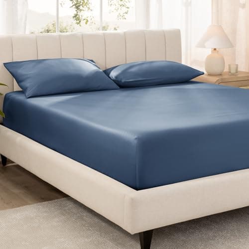 Bare Home 100% Organic Cotton Sateen Fitted Sheet - 400 Thread Count - Smooth Sateen Weave - Breathable & Cooling - Hotel Luxury - Durable Fitted Sheet - Deep Pocket (Twin XL, Bering Sea)