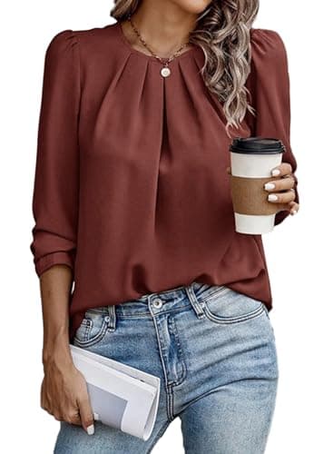 Samefar Long Sleeve Brick red Shirts for Women Crewneck Office Loose Fit Womens Work Tops Chiffon Blouses for Women Fashion 2025 Brick red Small