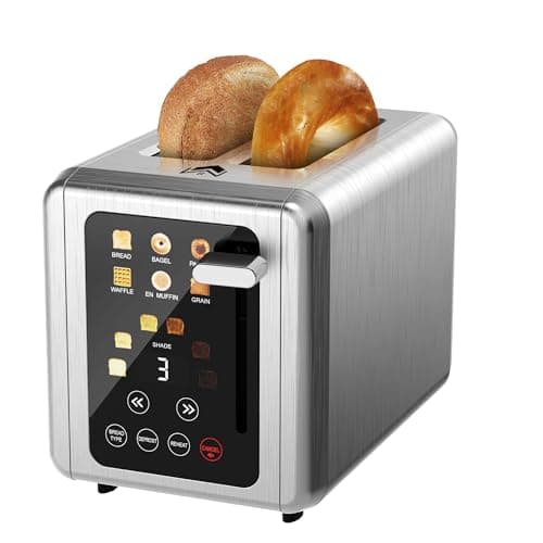 WUNLY 2 Slice Toaster,Touchscreen & Dual Independent Control Panel,5 Basic Functions & Digital Countdown Toasters,6 Shade Settings＆6 Bread Types,Smart Bread Maker Mute/Screen-Off,Brushed steel