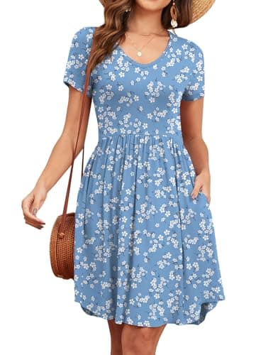 YVH Womens Summer Casual Tshirt Dresses Sundress Pocket, Light Blue FLR, XL