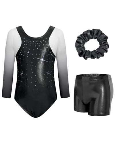 JiAmy Gymnastic Leotards for Girls 3/4 Sleeve Sparkly Unitards with Shorts Dance Biketards Black 8-9 Years