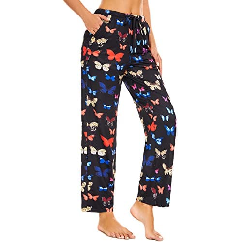 ccko Women’s Comfy Pajama Pants with Pockets, Stretch Drawstring Lounge Pants, Soft Casual Wide Leg Pjs Sleep Bottoms, Butterfly, M