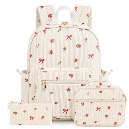 Corduroy Girls Backpack Set，Cute School Backpack for Teens Girls Kids Bookbags for Elementary High School Women Laptop Bags Daypacks Set With Lunch Bag and Pencil Case (Little red flowers, 3 Set)