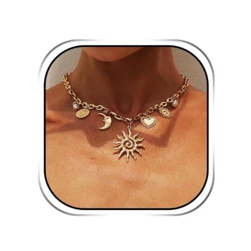 JAKAWIN Vintage Sun Pendant Necklace Gold Moon Choker Necklaces for Women