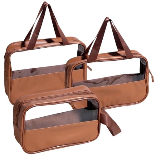 NVTED 3PCS Clear Hanging Travel Toiletry Bag, Cosmetic Bags Set Waterproof Transparent PVC Travel Makeup Pouch Carry on Travel Organizer Bag (Brown)