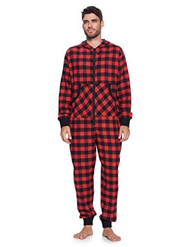 Ashford & Brooks Mens Flannel Hooded One Piece Pajama Union Jumpsuit, Red Buffalo Check, Large