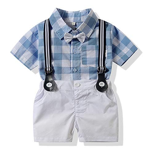 Kimocat Baby Boy Shirt and Tie Sets Long Sleeve Woven Top+ Bowknot+ Shorts with Suspender Straps Outfits (3/6Month, Blue 2)