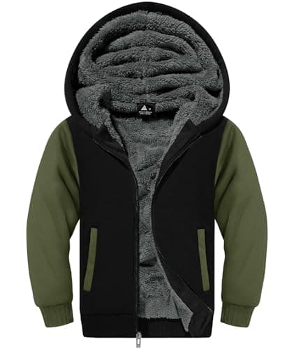ZITY Boys Zip Up Hoodie Fleece Jacket Kids Sherpa Lined Sweatshirts Outerwear Warm Winter Coat Army Green 10-11 Years Old