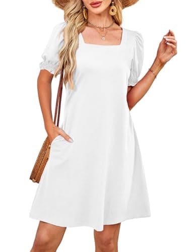 RUMIA Summer Dresses for Women 2025 Casual Cute Square Neck Puff Short Sleeve Dress with Pockets (White XL)