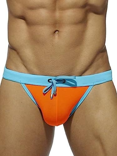 MIZOK Mens Color Block Swim Briefs Hot Body Bikini Swimwear Orange S