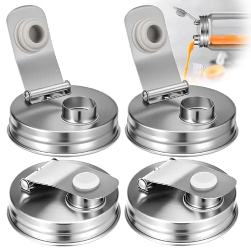 4 Pack Mason Jar Pour Lid Stainless Steel, Regular Mouth Pour Flip Cap Lids for Mason Jars, Anticracking Leak Proof Seal Cover Airtight for Drinking Salad Dressing & Food Storing