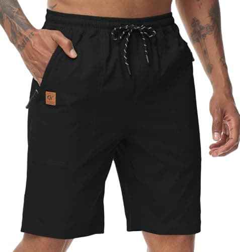 Men's Stretch Shorts Casual Classic Fit Drawstring Summer Beach Shorts with Zipper Pockets Black 40