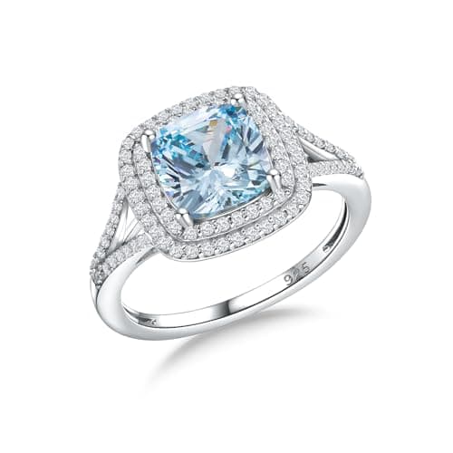 RANDES Aquamarine Rings for Women March Birthstone 925 Sterling Silver 3ct Created Gemstone Cushion Cut Halo Wedding Engagement Ring Size 10