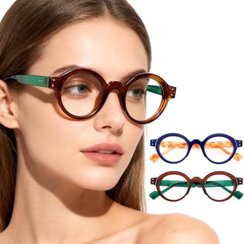 AJYADO Round Small Frame Reading Glasses for Women Readers for Men Blue Light Blocking Retro (Green+Blue, 3.5+)