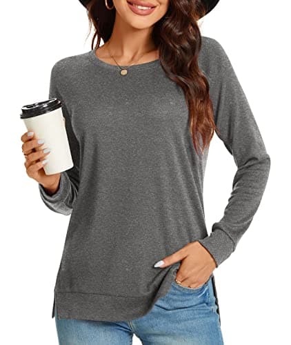 TAOHUADAO Women's 2026 Fall Casual Long Sleeve T-Shirt Side Split Tunic Tops for Leggings Loose Crewneck Sweater X-Large, Dark Grey