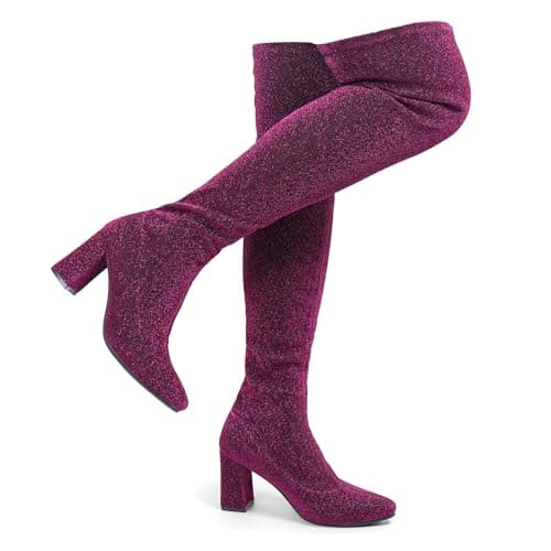 Hawkwell Women's Comfort Thigh High Boots Sexy Pointy-toe and High-heel Party Wedding Chunky Boots Shiny Dressy Over The Knee Boots,red PU,10 M US
