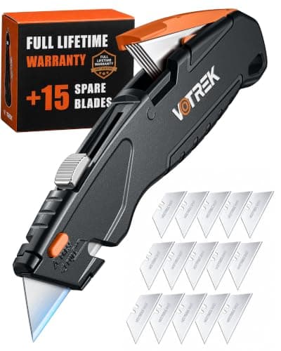VOTREK® Box Cutter Retractable| Metal Utility Knife【Built-in Storage】Tool-Free Quick Blade Change| Safety Lock| Extra 10 SK5 Blades| Heavy Duty Razor Knife for Cardboard | Paper Craft Tools(Black)