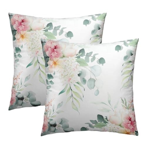 Spring Sage Green Leaf Pillow Covers 18x18 Set of 2, Eucalyptus Floral Watercolor Pillow Cases, Gray Seafoam Leaves Flowers Modern Throw Pillows Cover Decor Gifts for Bed Couch Sofa Living Room