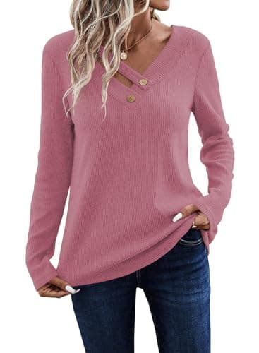 LOLONG V Neck T Shirts for Women Fall Casual Long Sleeve Basic Tops Trendy