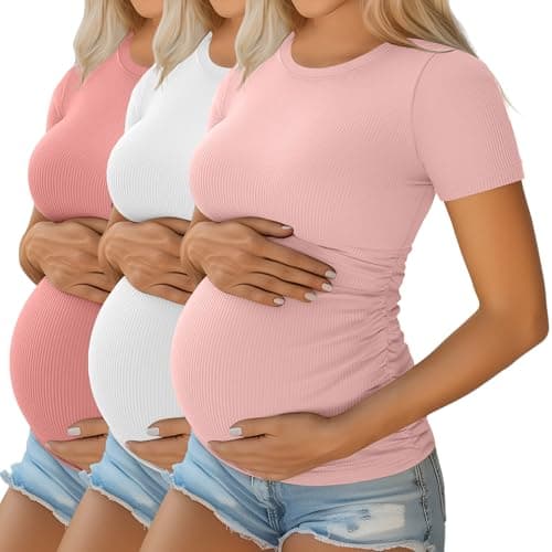 Ficerd 3 Pack Women's Short Sleeve Maternity Shirts, Medium, 3-Color