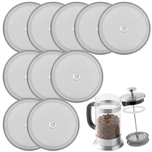 GEEHUA 10 Pack French Press Filter Replacements, 4 Inch Stainless Steel Coffee Filters Mesh for 34 Oz, 1000ml, 8 Cup Coffee and Tea Makers French Press Screen(Metal Center Ring)