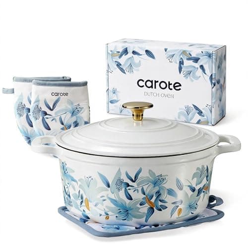 CAROTE 5QT Enameled Floral Cast Iron Dutch Oven Pot with Lid