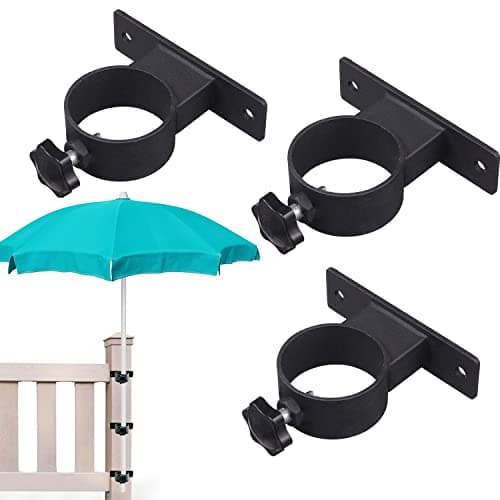 YZZHAJ Deck Patio Umbrella Holder Heavy Duty Adjustable Metal Umbrella Clamp Stand Mount Attaches to Railing, Outdoor Courtyard, Balcony, Boats, 3 Pack Black